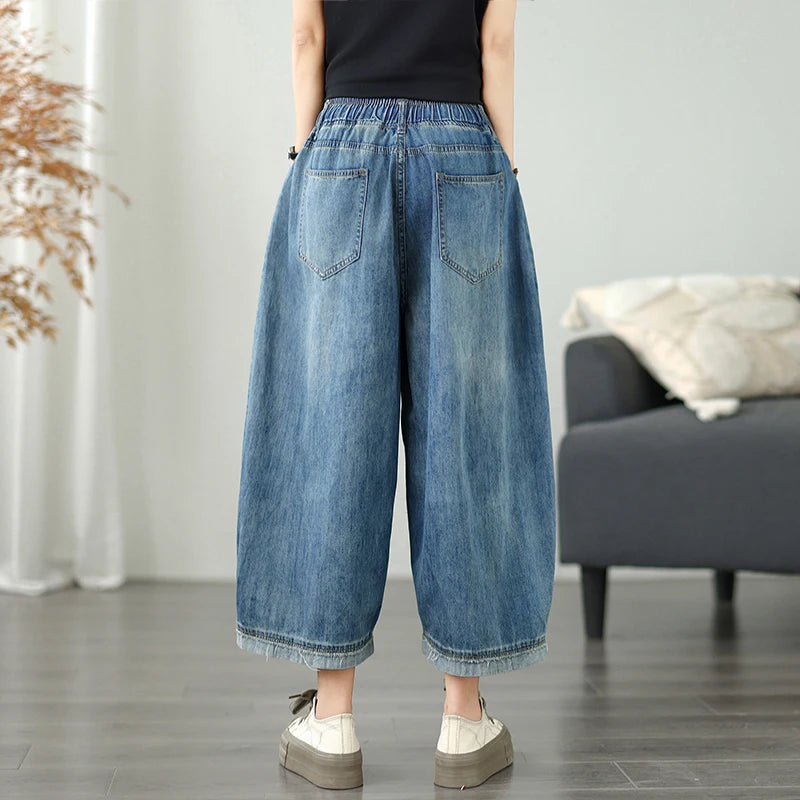 Casual High Waist Wide Leg Jeans Women's Loose Fit Slimming Summer Thin Sle Lantern Pants  Lyocell Fabric Water Wa