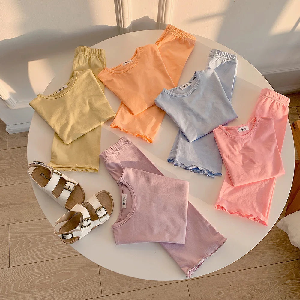 Children's Odell Suit Girls' Candy Color Short-sleeved Air-conditioned Clothes Baby Pants Pajamas Home Clothes