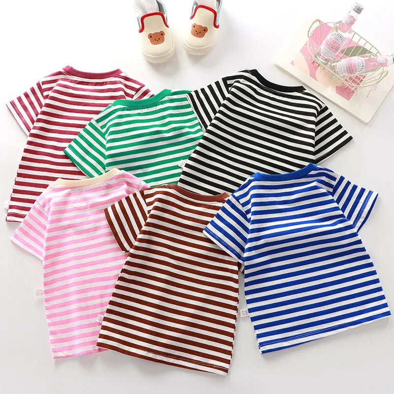 1pcs Kid 100% Cotton Short Sleeve T-shirt Summer Baby Comfortable Clothes Boys Girls Stripe Tee Children Breathable Leisure Tops