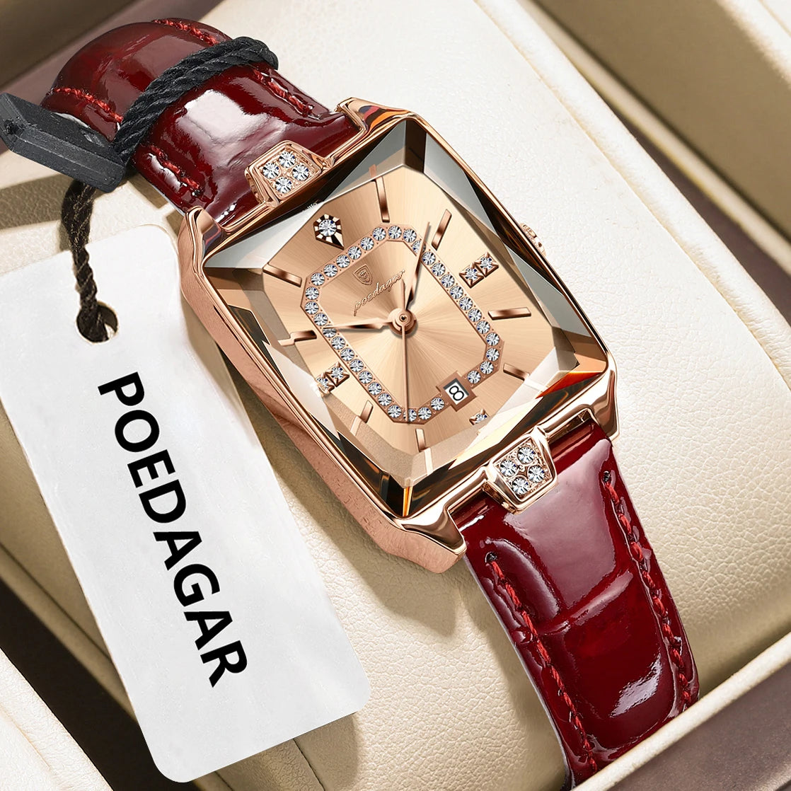 POEDAGAR Top High Quality Women Wristwatch Waterproof Date Leather Watch For Woman Quartz Luxury Rectangle Women's Watches Reloj