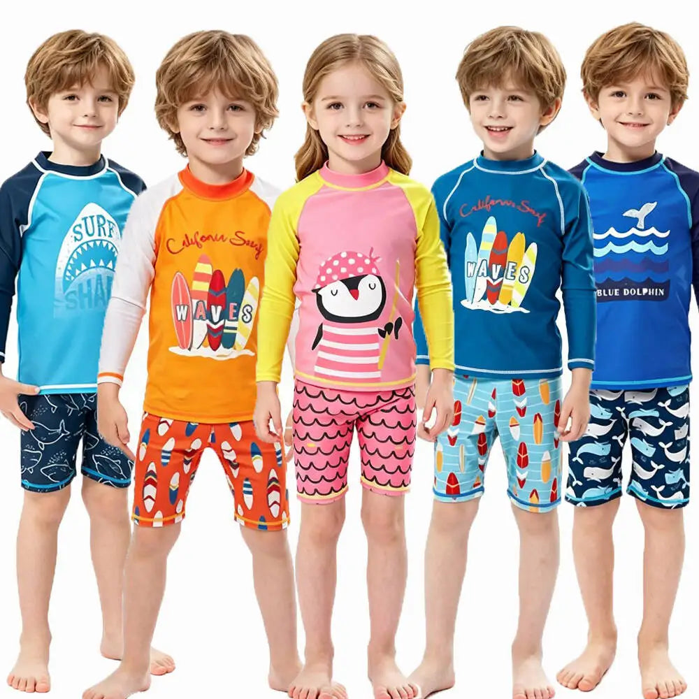 Summer 2pcs Kids Swimwear Boys Shark Surfing Suits Girls Beach Wears Children's Swim Suits for 2 to 10 Years Pool Bathing Suit