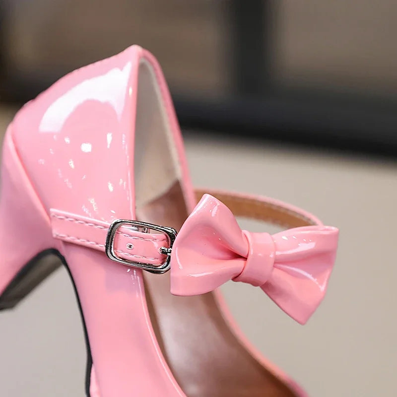 Fashion Girls High Heels Glossy Bowtie Kids Leather Shoe Spring Autumn Children Causal Princess Dress Shoes for Evening Party
