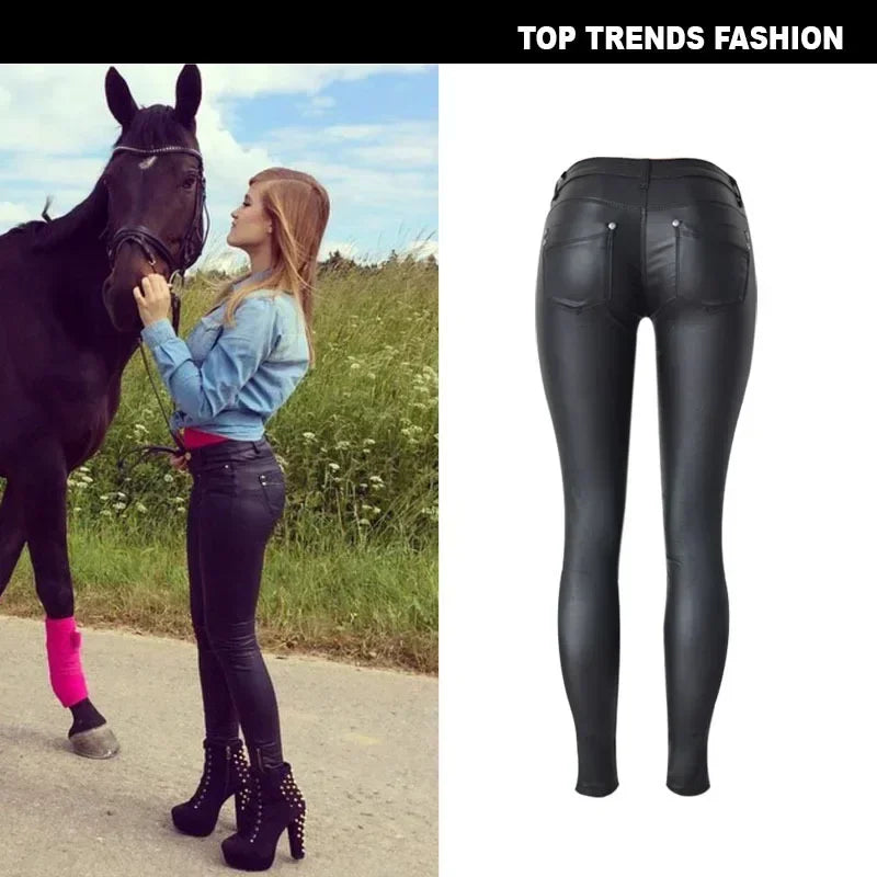 Women's Leather Pant Low Rise Stretch Coated PU Faux Leather Trousers for Women