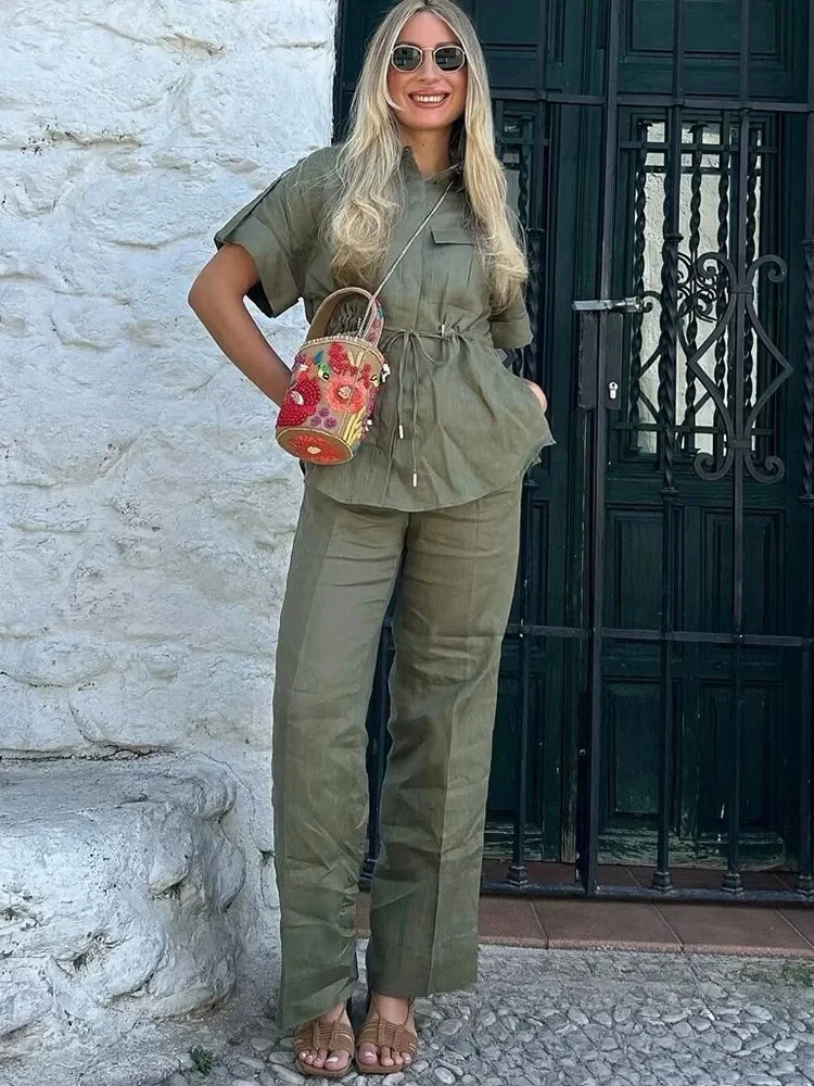 KONDALA Vintage Casual Solid Women Suit Single Breasted Short Sleeve Shirt Loose Long Pants Chic Fashion 2025 Summer Basics Sets