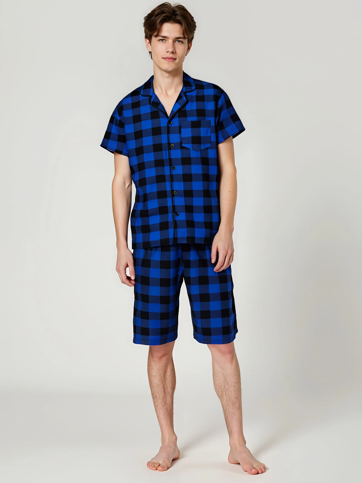 Mens Pajamas Set for Summer Short Sleeve Button Down Shirts Shorts Plaid PJ Set Soft Lounge Set Sleepwear M-XL