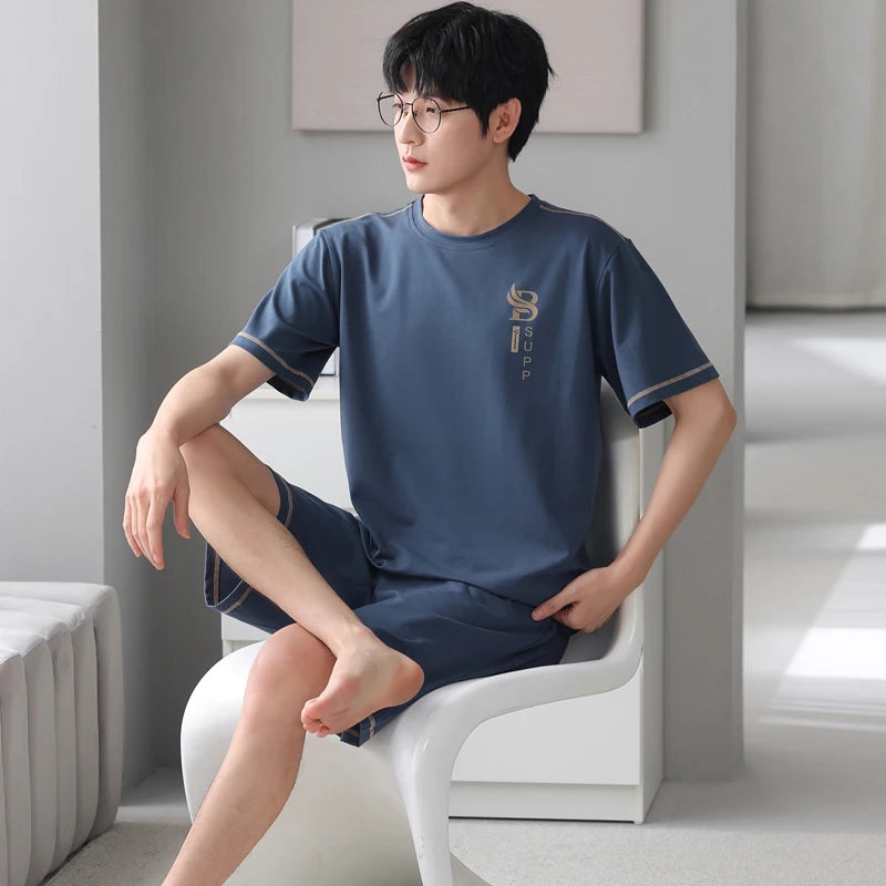 MiiOW 2Pcs Men's Pajamas Set Summer O-neck Mens Short Sleeve Homewear Big SIze L-3XL Man Sleepwear Cotton Breathable Men Pajamas