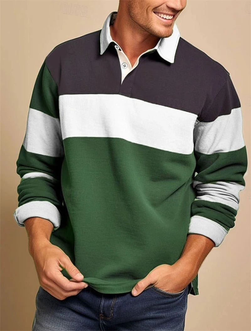 Simple Striped Long Sleeve Polo Shirts For Men Fashion Daily Wear 3D Printed Golf Polo Shirt Casual Oversized Lapel Button Tops