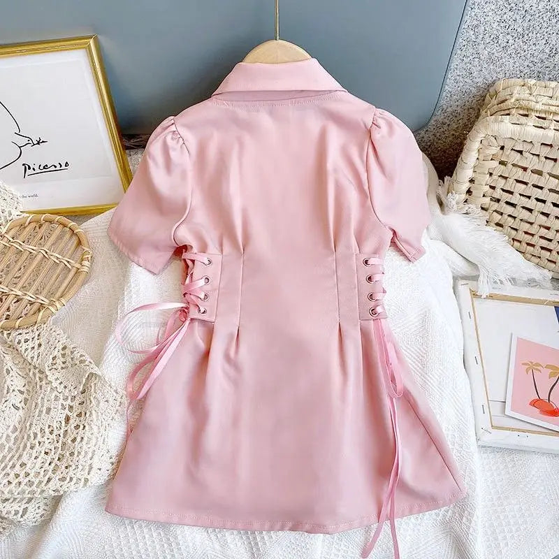 Kids Girl Pink Suit Dress 2025 New Arrival Children Summer Slim Fit Shirt Dresses Princess White Thin Chiffon Dress Korean Style