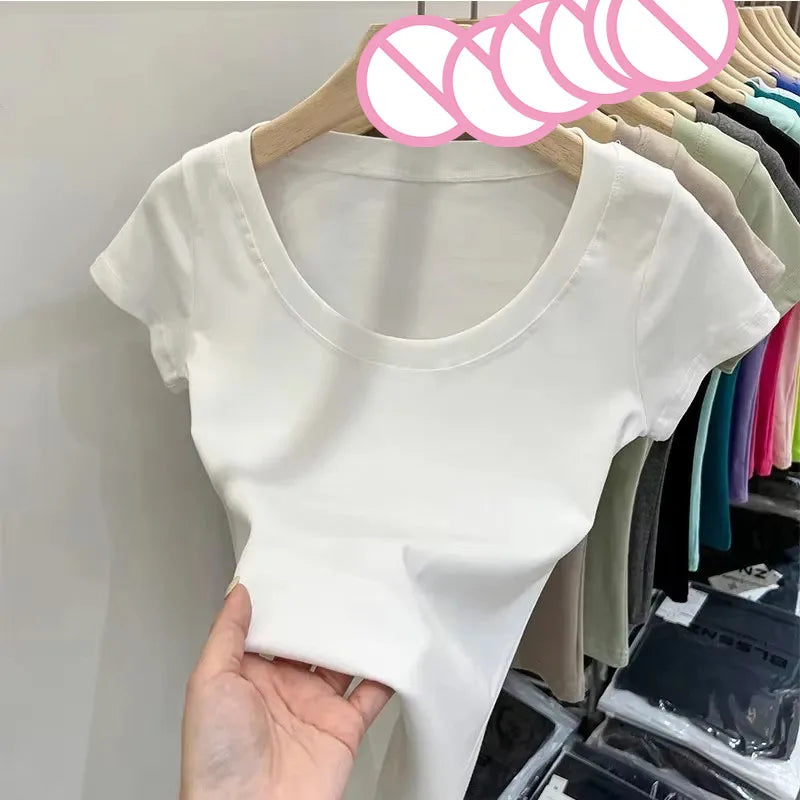 Women's Clothing U-neck T-Shirts Tops Tees pure cotton shoulder sleeved summer solid color slimming short low neck bottom shirt