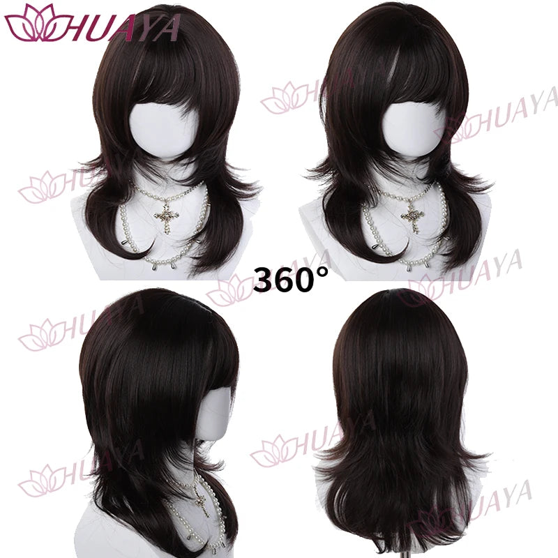 Women Synthetic Hair Wig, Natural Black Wolf Cut with Bangs, 14 Inches High Layered Mullet Hairstyle Wig, Unisex for Men and Wom