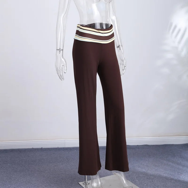 Y2K Style 2 Piece Set For Women Striped Square Neck Cropped Cami Top High Waist Flare Pants Lady's Casual Streetwear Outfits