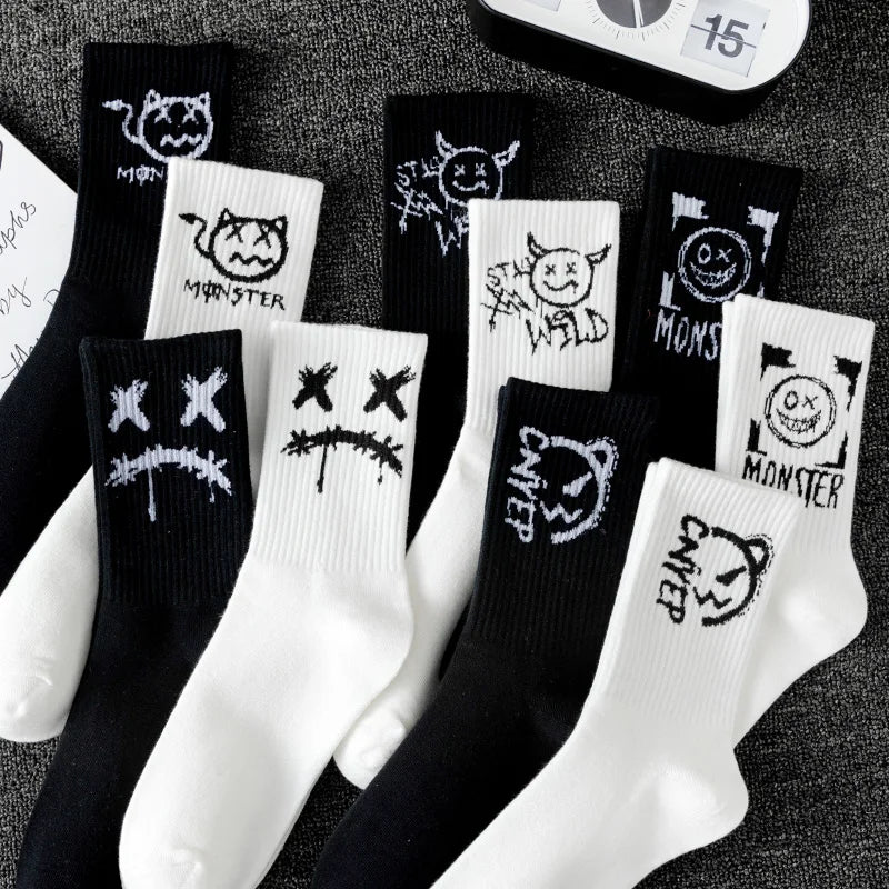 10 Pairs of Men Mid-Length Socks with Graffiti Funny Faces Unique Street Trends Moisture Wicking and Sweat Wicking