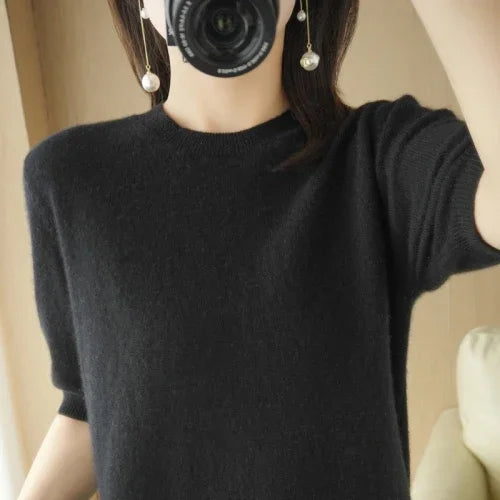 2025 Spring Summer Womens Sweater Short Sleeve O-neck Slim Fit Knitted Pullovers Bottoming Casual Knitwear Camel Pink Clothes