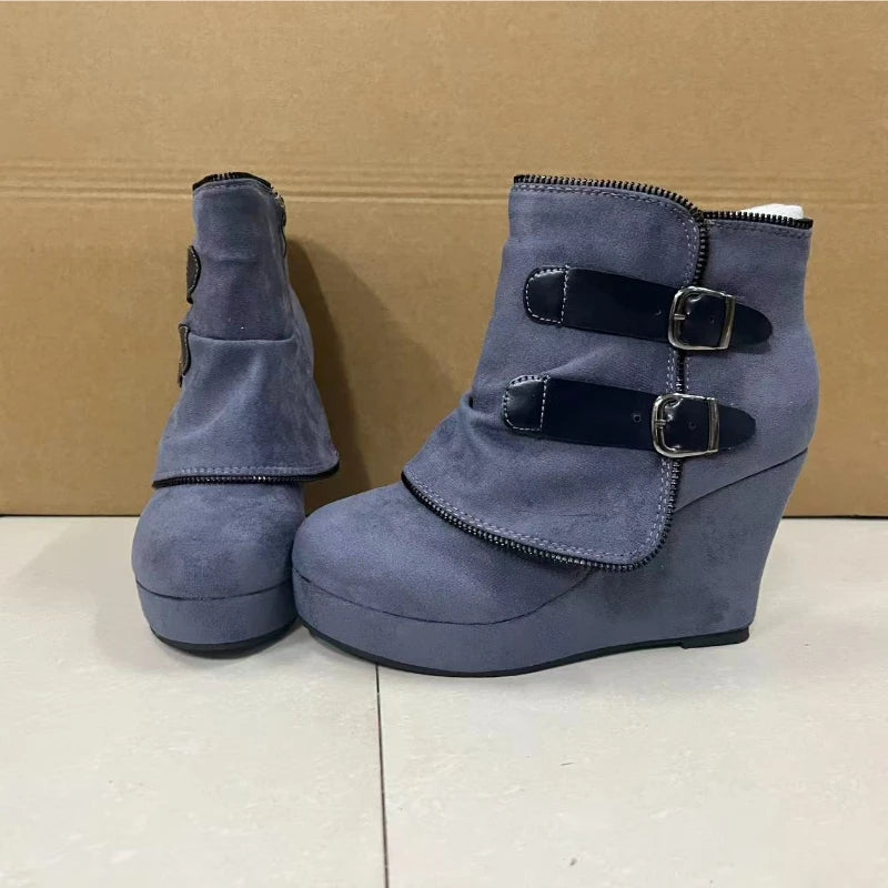 2026 New Women's Boots Zip Women's High Heels Suede Fashion Wedge Heels Durable Retro Women Ankle Boots Round Head Bottes Femmes