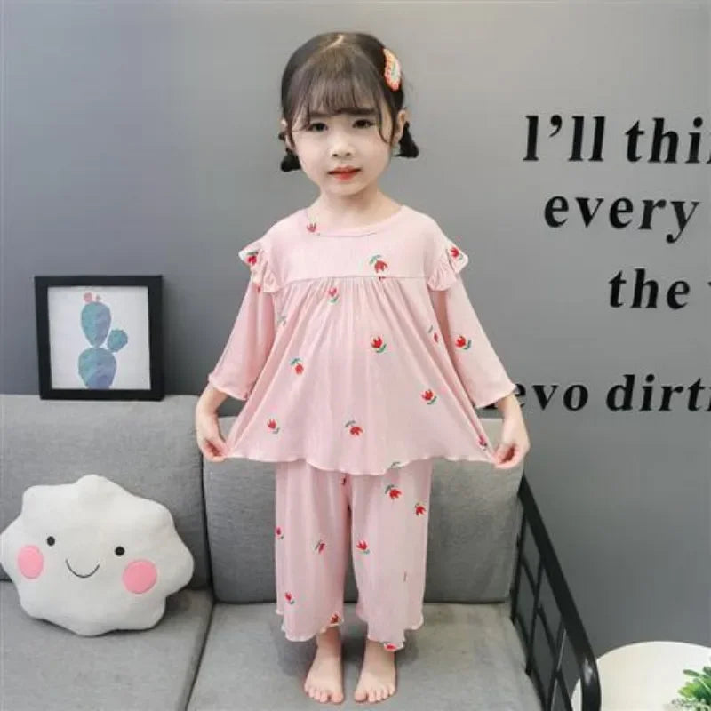 Summer Children's Pajama Sets for 1-9 Years Baby Girls Clothes Suit Cute Floral Ice Silk Kids Clothes Top+Pants Pajamas for Kids