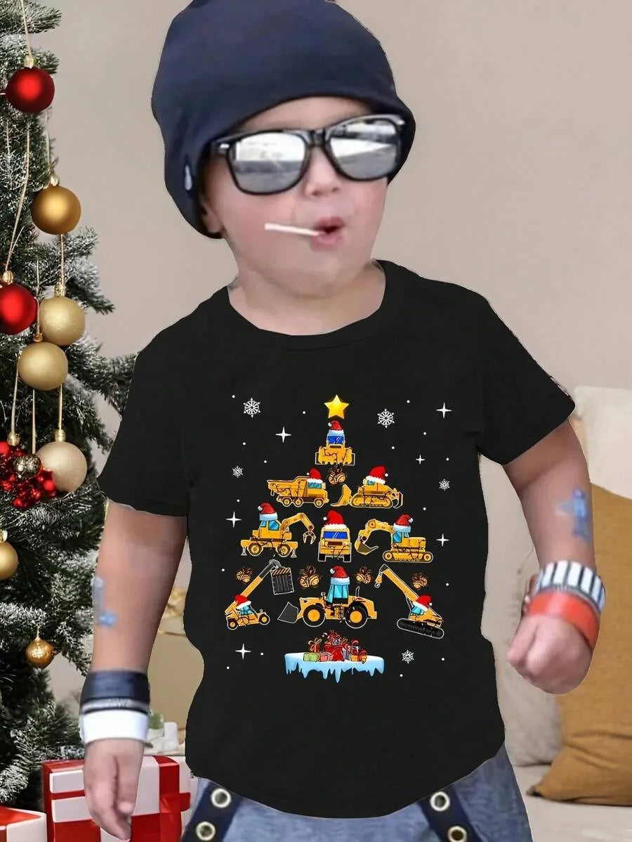 New Boys' T-shirts, Spring and Autumn Children's Colorful Christmas Printed Tops, Baby Base Shirts, Short-sleeved T-shirts