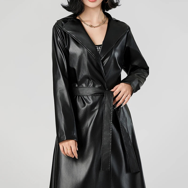 Women's Streetwear Windbreaker Black Tie Up Pu Leather Jackets For Women Fall Winter Windproof Anoraks Trench Coat For Women