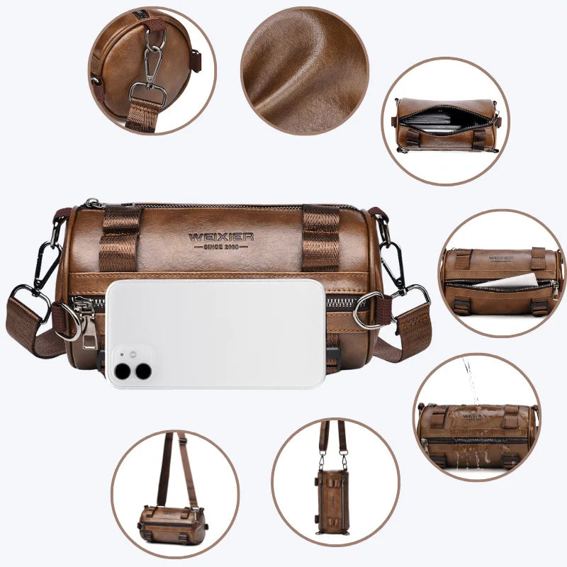 Fashion PU Leather Crossbody Shoulder Bag for Men Bucket Shoulder Bag Men‘s Casual Barrel Handbags Male Circular Messenger Bags