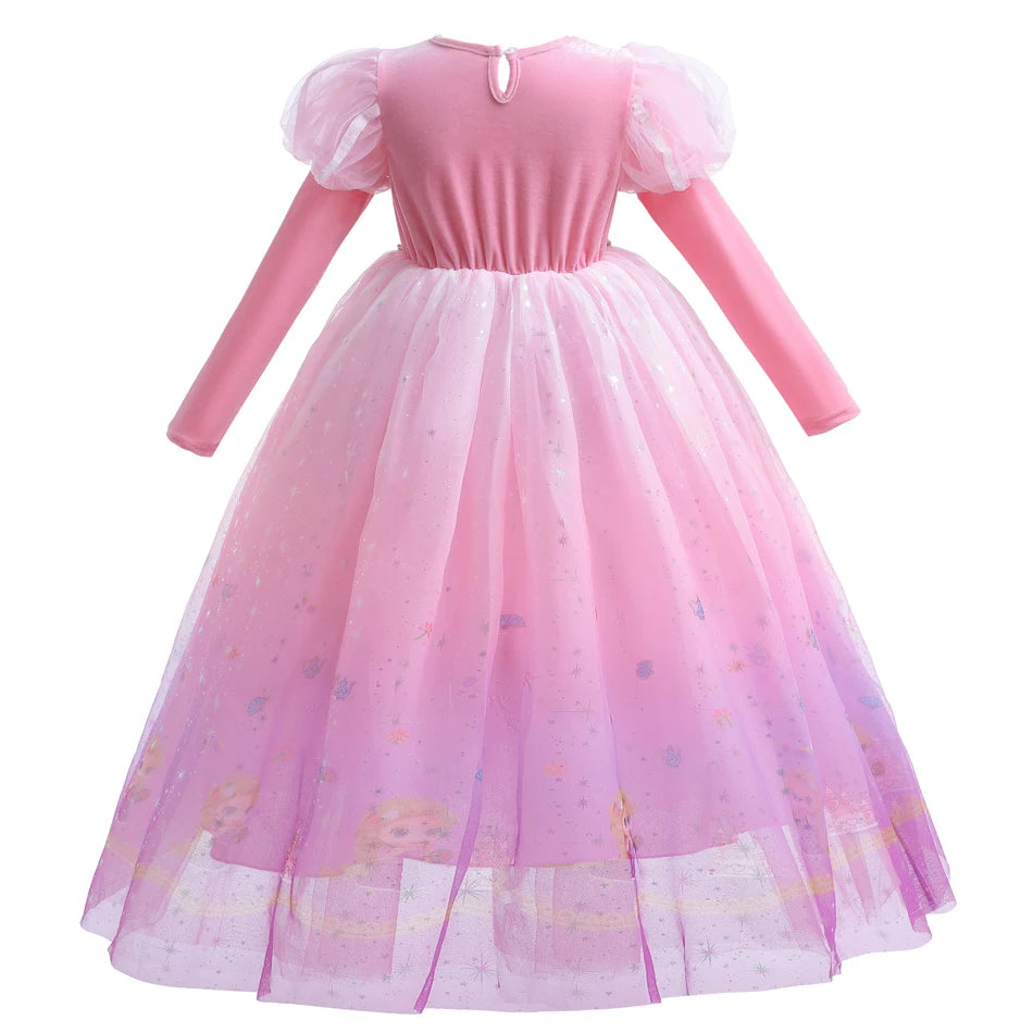 Girls Princess Pink Dress Children Rapunzel Pink Clothing Girls Spring Autumn and Winter Velvet Dress Kids Stage Performs Clothe