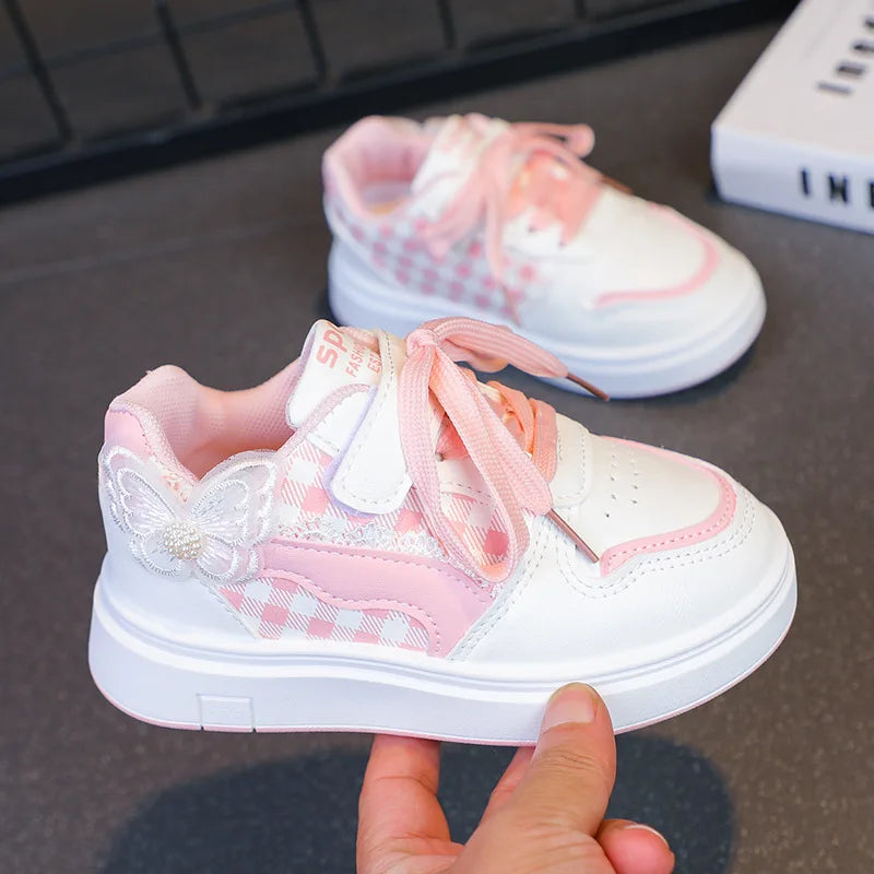 Girls Sneakers White Lace Decoration Butterfly Children's Sports Shoes Breathable Casual Non-slip Outdoors Kids Board Shoes