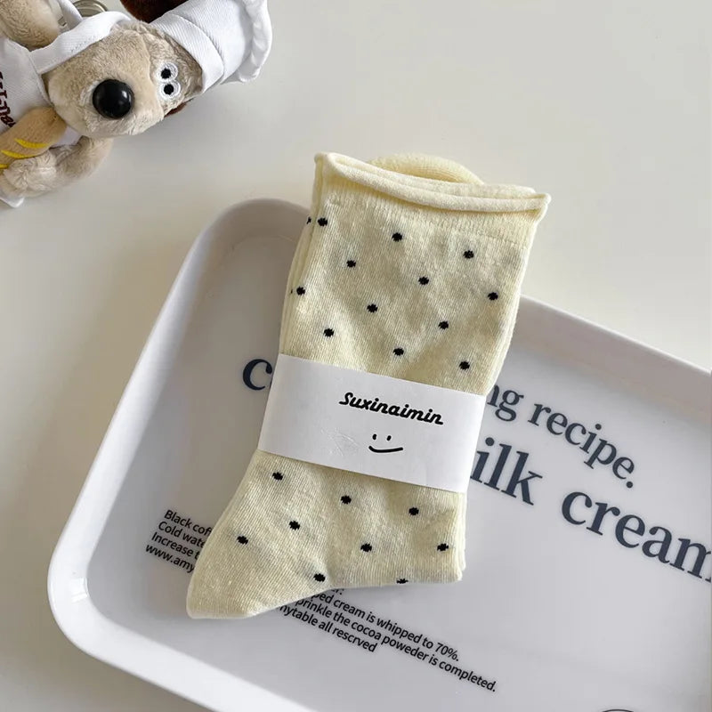 Women's spring summer thin vintage cream curled-edge women's socks polka dot mid-tube socks artistic socks women