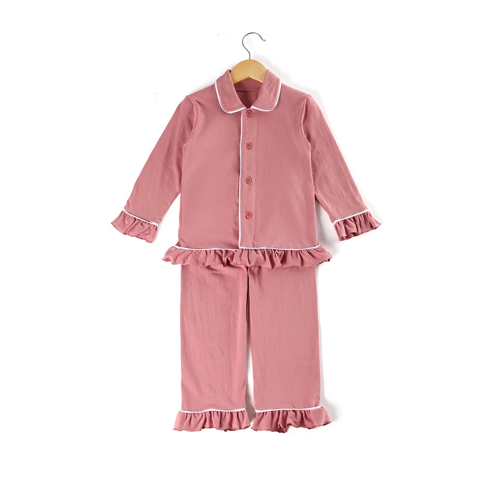 Mudbala Kids Fall Winter Cotton Pajamas Sibling Matching Boys Girls Ruffle Pyjamas Button Up Homewear