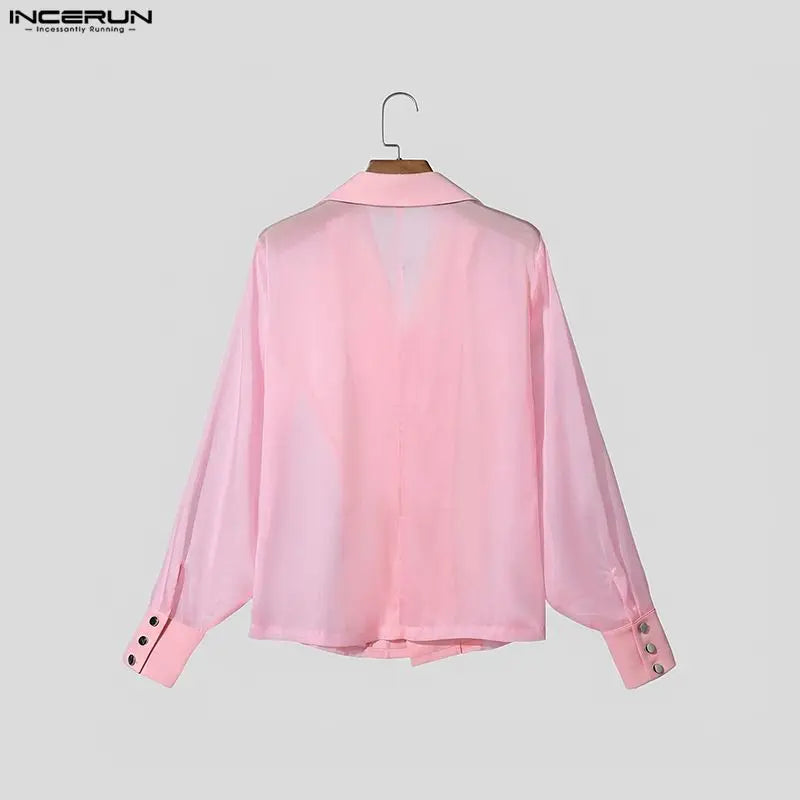 INCERUN Men Blazer Mesh Patchwork Lapel Long Sleeve See Through Male Suit Streetwear Sexy Button 2026 Fashion Casual Thin Coats