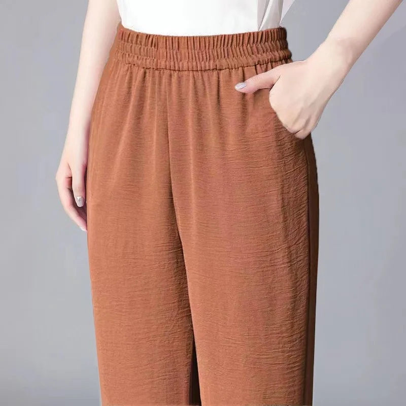 Ladies High Waist Ice Silk Hemp Thin Straight Leg Casual Pants Harlan Sle Nine Point Summer Trousers Pure Color Casual Wear