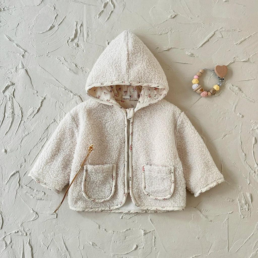 Toddler Baby Girl Jackets Long Sleeve Small Floral Plush Hooded Jacket with Two Pockets Kids Coats Outerwear Children Clothing
