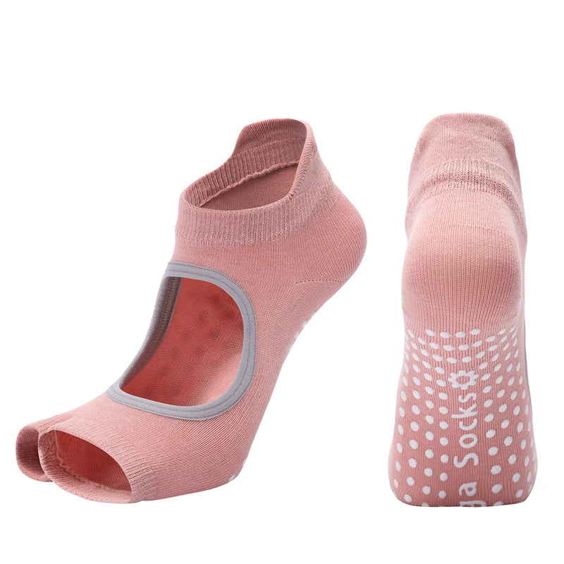 Women Two Toe Backless Yoga Socks Non-Slip Fitness Workout Pilates   Sock Ladies Breathable Sports Ballet Dance Slippers for Gym