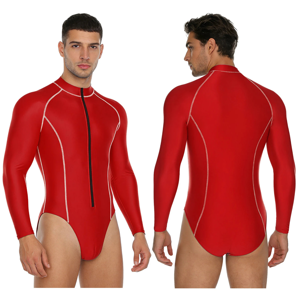 Men Swimsuit Glossy Bodysuit Rash Guard Wetsuit Swimwear Beach Surfing Sports Workout Romper Long Sleeve Zipper Silky Jumpsuit