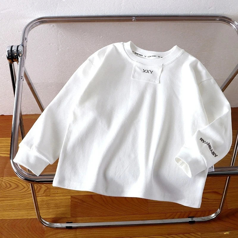 Kid Boy Girl Solid Color Sweatshirt Letter Embroidery Children Daily Long Sleeves Comfortable Wear Combed Cotton Top Fashion