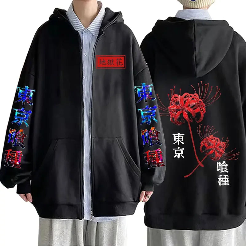 Anime Tokyo Ghoul Spider Lily Zipper Hoodie Kanekiken Manga Graphic Print Hooded Zip Up Sweatshirts Oversize Men's Jackets Coats