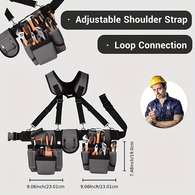 Tool Belt for Men, 32 to 66 Inches Adjustable Tool Belt with Suspenders for Electricians, Carpenters, Construction Workers