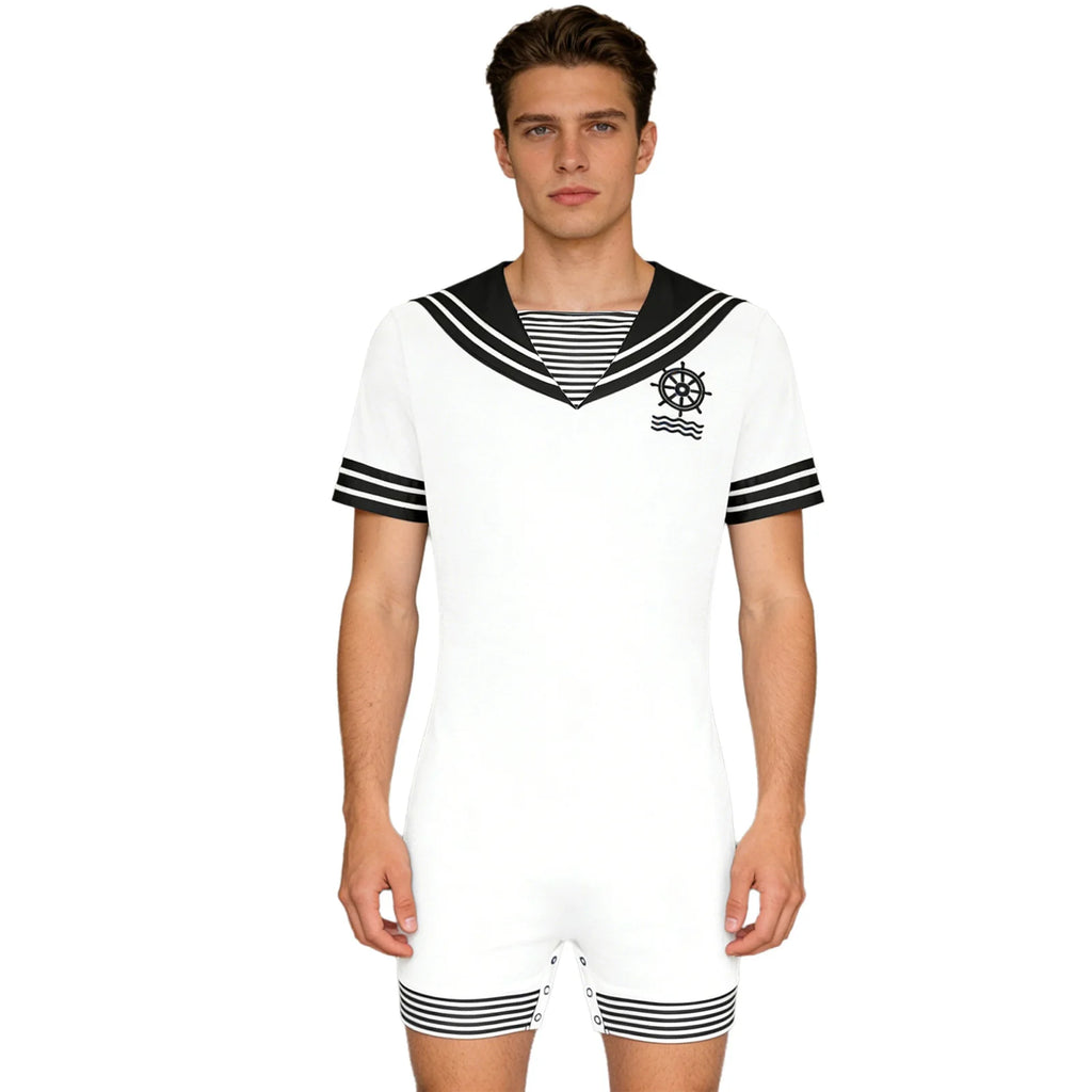 Men Adults Sailor Style Pajamas Bodysuit Navy Collar Short Sleeve Stretchy Comfortable Jumpsuit for Lounging Sleeping Home Wear