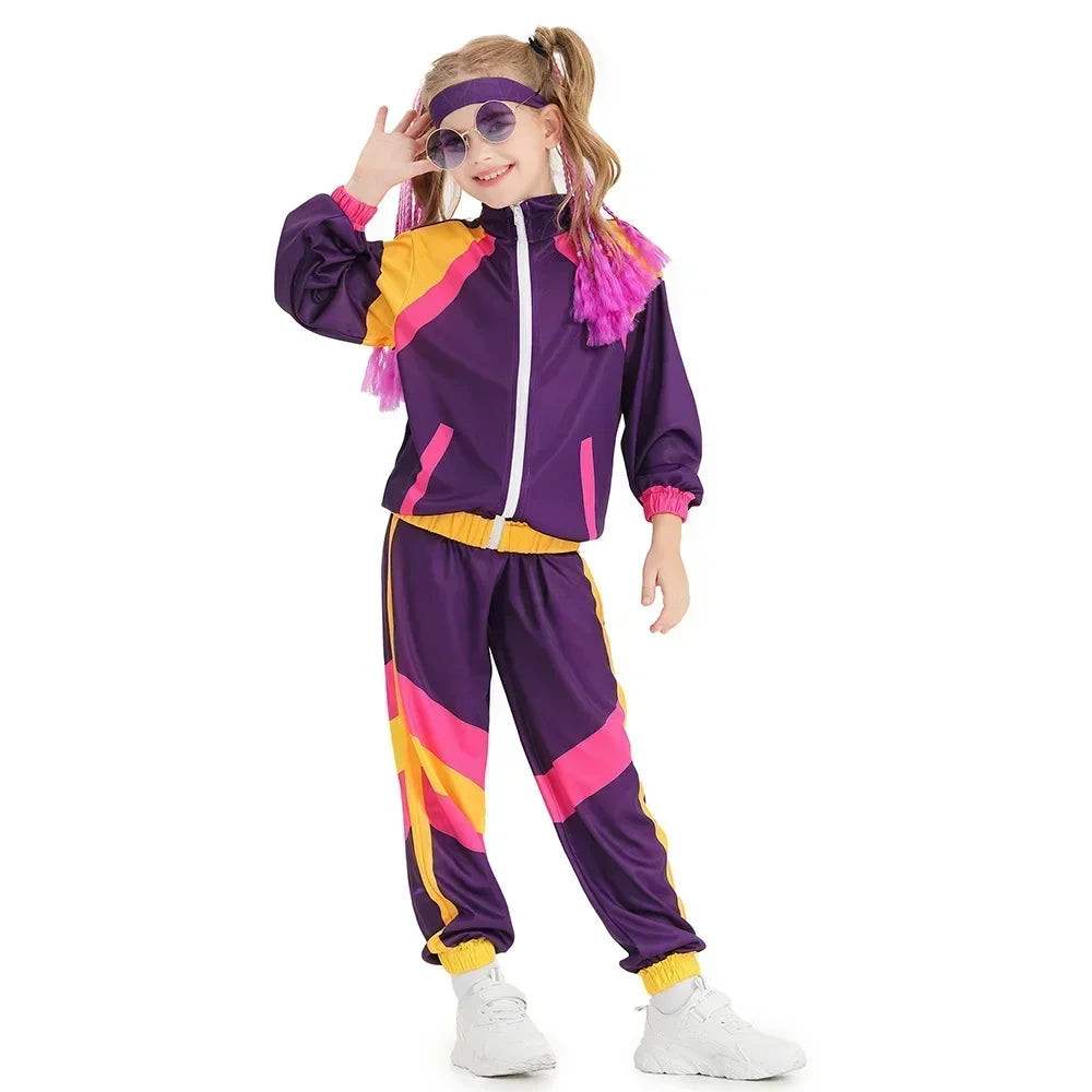 Kids Boys and Girls 80s 90s Sportswear Suit Retro Disco Hip Hop Costume Fashion Patchwork Long Sleeve Zipper Coat Trousers Suit