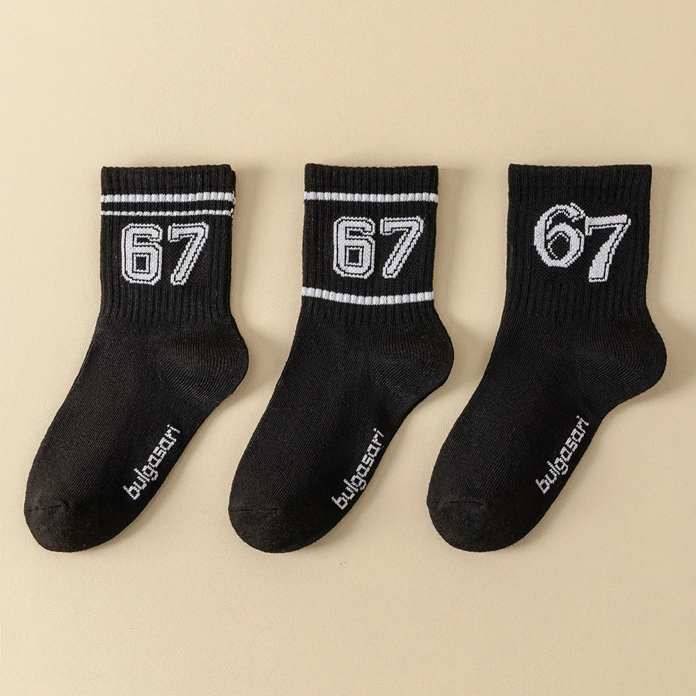 Kids' Basketball Socks 3-Pairs, Sporty Style with Number 67 Pattern, Breathable & Comfortable, Daily Wear, Ideal Birthday Gift f