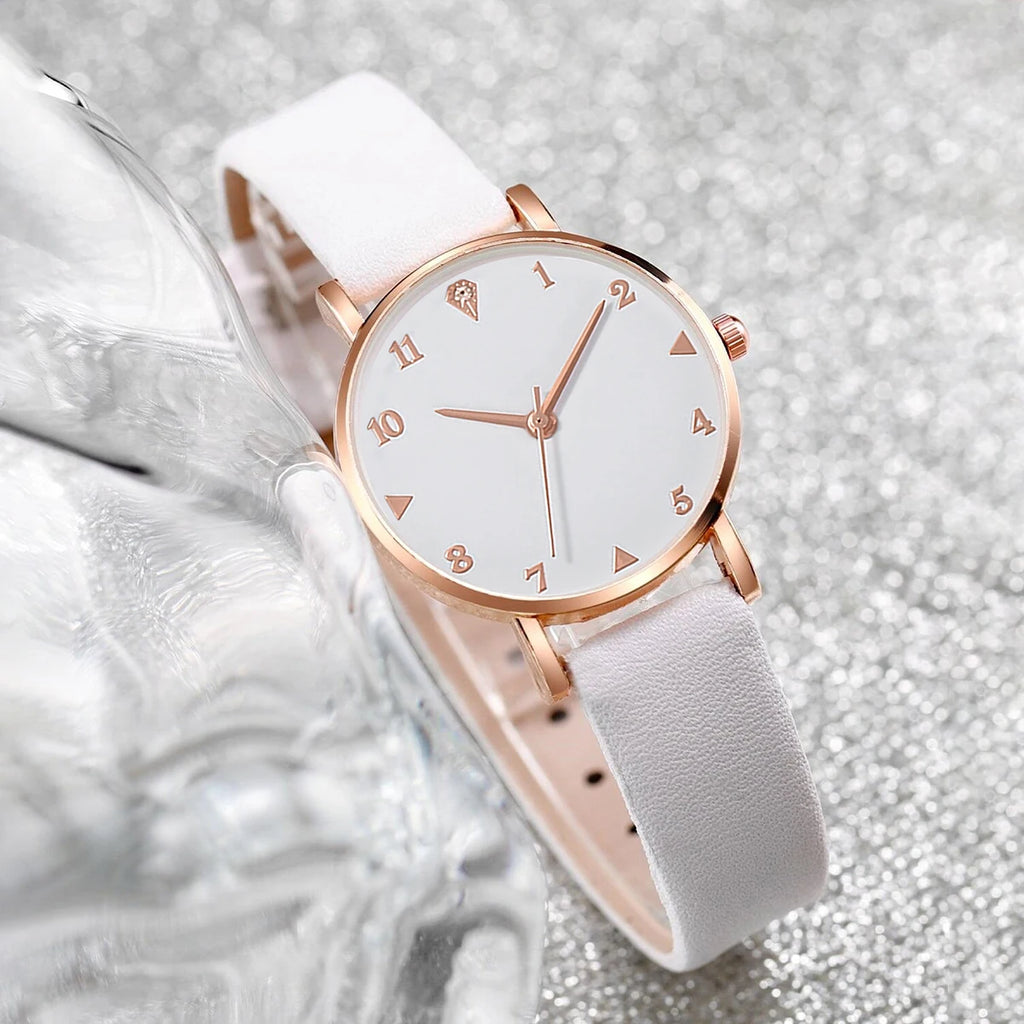 6PCS/Set Women's Watch Fashion Arabic Dial Leather Band Quartz Watches Diamond Jewelry Set（Without Box）