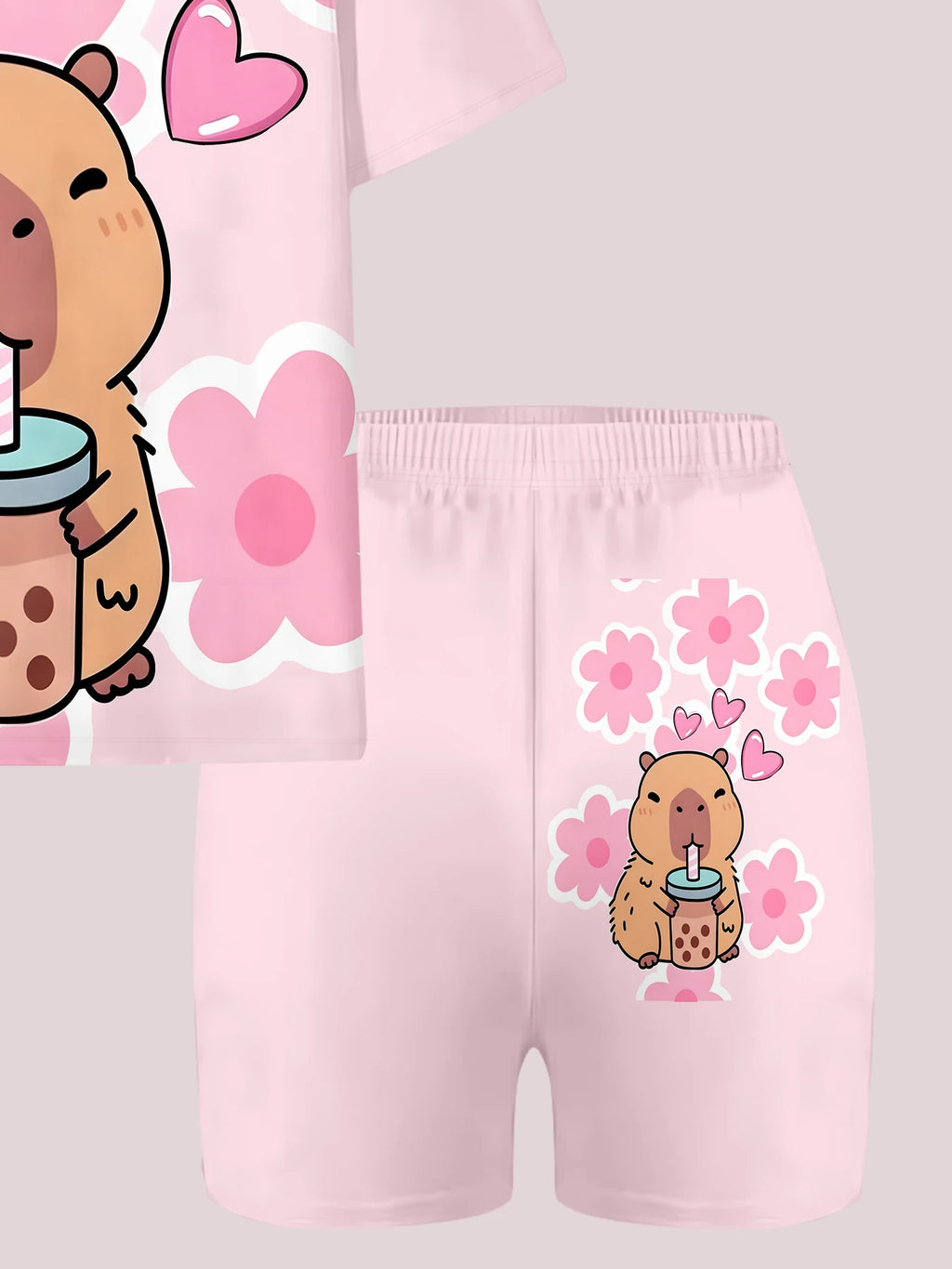 Kawaii Capybara Print Kids Pajama Set 2Pcs Girls Short Sleeve T-shirt Shorts Loungewear