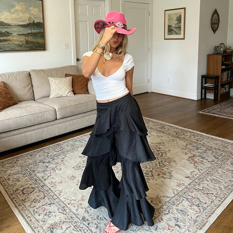 Women Black Tiered Ruffle Pants High Waist Wide Leg Long Trousers 2026 Summer Lady fashion Casual Vacation Streetwear New