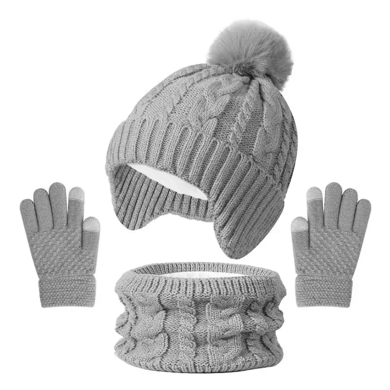 3Pcs/set Children Hat Scarf Gloves Winter Plush Velvet Knitted Hats for Girls Boys Cute Pompom Beanie Kids Warmer Accessories