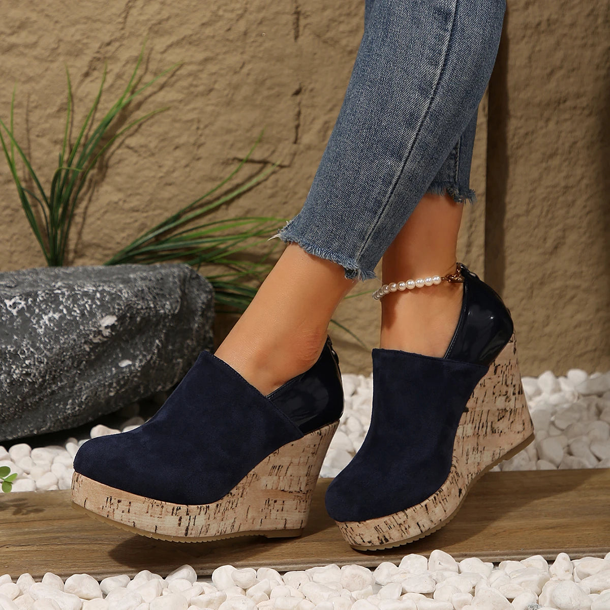 Women Sneakers Spring Autumn Faux Suede Boots Zipper Platform Wedges Sneakers Women Round Toe Sexy High Heels Shoes for Women
