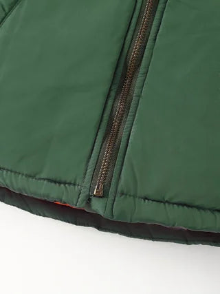 Boys Army Green Thick Padded Jacket Kids Contrast Knit Hood Zipper Warm Winter Outerwear