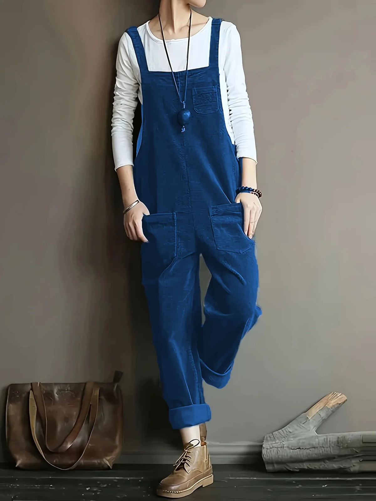 S-5XL Women Corduroy Jumpsuit Pocket Wide Leg Solid Color Loose Sleeveless Simple Autumn Playsuits Rompers Streetwear