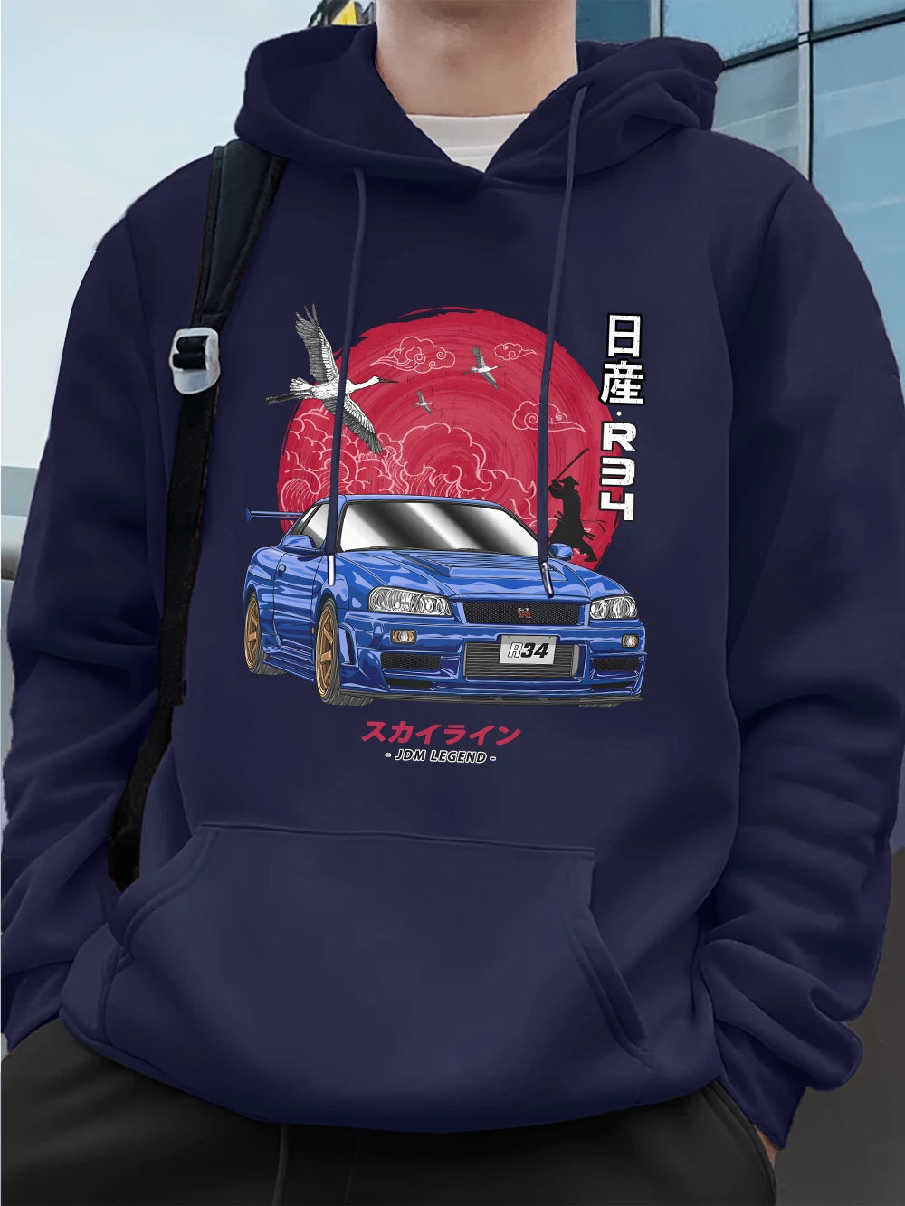 Nippon Jdm Skyline Gtr R34 Prints Mens Hoodies Autumn Pocket Sweatshirt Basics Fleece Warm Loose Pullover Korean Men'S Clothes