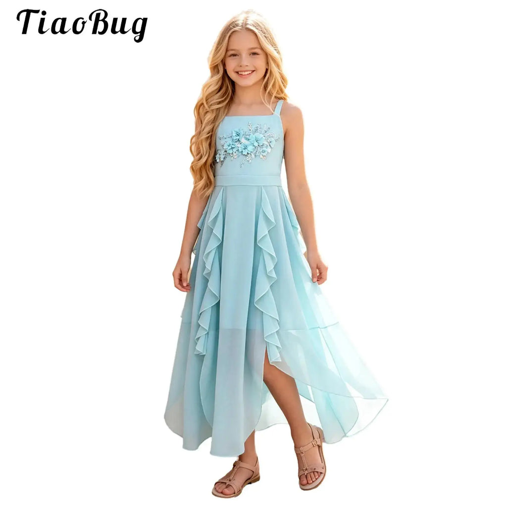 Kids Girls Elegant Chiffon Party Dress Gown Embroidery Applique Ruffled Flowy Sling Dress for Pageant Birthday Wedding Evening