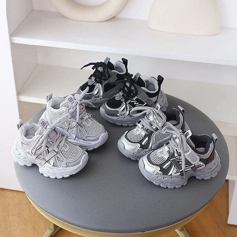 Children Sport Shoes Kids Sneakers Spring Autumn Toddler Shoes Fashion Design Boys Girls Lace-up Casual Shoes Gray Black
