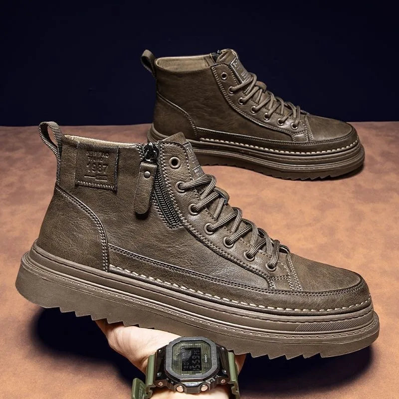 New Men Leather Boots Spring Comfortable Soft Sole High Top Work Shoes Classic Business Casual Ankle Boots Sneakers Botas Hombre