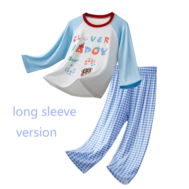 Kids Modal Pajamas Set, Short Sleeve Long Pants Cartoon Loungewear, Breathable Cool Soft Sleepwear For Boys Girls