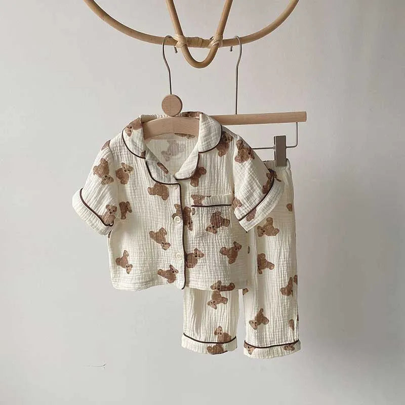 2Pcs Autumn New Kids Pajamas Korean Long Sleeve Print Bear Cardigan And Pants Cotton Musline Yarn Sleepwear